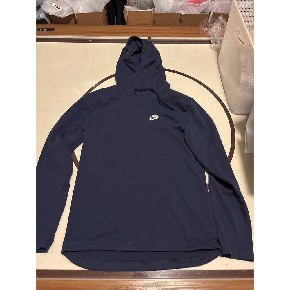 1285 Nike Mens Long Sleeve Hooded T-Shirt Navy Blue Embroidered Logo Size Small